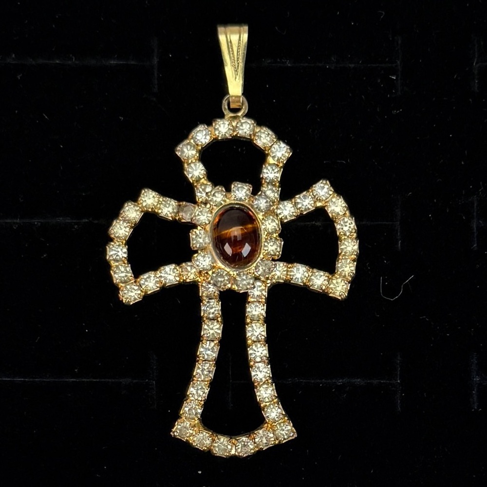 Vintage aged Goldtone Cross Pendant Amber Color Clear Crystal Accents